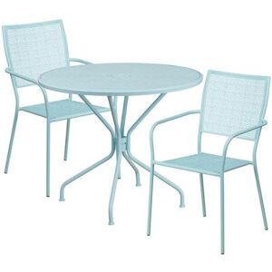 "Flash Furniture CO-35RD-02CHR2-SKY-GG 35 1/4"" Round Patio Table & (2) Square Back Arm Chair Set - Steel, Sky Blue"