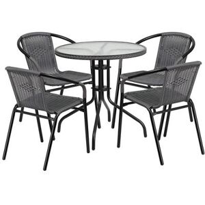 "Flash Furniture TLH-087RD-037GY4-GG 28"" Round Patio Table & (4) Gray Rattan Arm Chair Set - Glass Top, Black Metal Base"