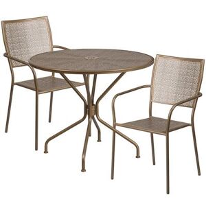 "Flash Furniture CO-35RD-02CHR2-GD-GG 35 1/4"" Round Patio Table & (2) Square Back Arm Chair Set - Steel, Gold"