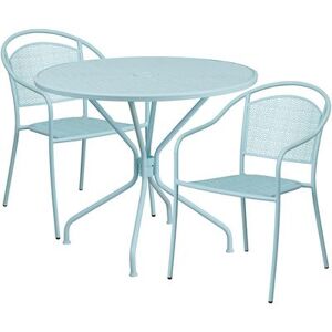 "Flash Furniture CO-35RD-03CHR2-SKY-GG 35 1/4"" Round Patio Table & (2) Round Back Arm Chair Set - Steel, Sky Blue"