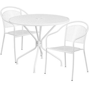 "Flash Furniture CO-35RD-03CHR2-WH-GG 35 1/4"" Round Patio Table & (2) Round Back Arm Chair Set - Steel, White"