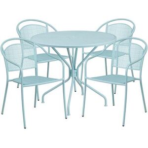 "Flash Furniture CO-35RD-03CHR4-SKY-GG 35 1/4"" Round Patio Table & (4) Round Back Arm Chair Set - Steel, Sky Blue"