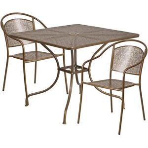 "Flash Furniture CO-35SQ-03CHR2-GD-GG 35 1/4"" Square Patio Table & (2) Round Back Arm Chair Set - Steel, Gold"