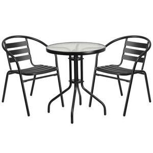 "Flash Furniture TLH-071RD-017CBK2-GG 23 3/4"" Round Patio Table & (2) Arm Chair Set - Glass Top, Black Metal Base"