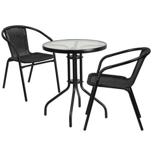 "Flash Furniture TLH-071RD-037BK2-GG 23 3/4"" Round Patio Table & (2) Black Rattan Arm Chair Set - Glass Top, Black Metal Base"