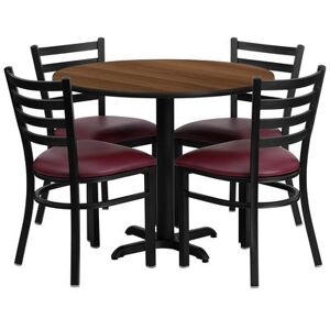 "Flash Furniture HDBF1008-GG 36"" Round Table & (4) Chair Set - Walnut Laminate Top, Cast Iron Base, Black"