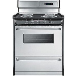 "Summit TEM230BKWY 30"" Stove w/ Digital Clock, Double Pane Window, Porcelain Top & Oven, 220v, Black, Silver"