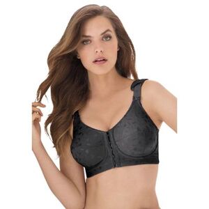 Plus Size Women's Jacquard Front-Close Wireless Bra by Elila in Black (Size 48 G)