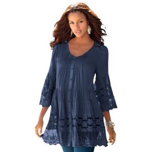 Plus Size Women's Illusion Lace Big Shirt by Roaman's in Navy (Size 38 W) Long Shirt Blouse