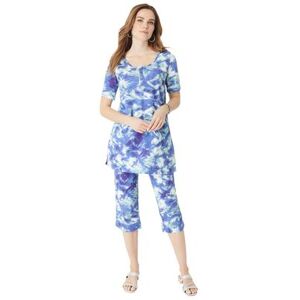 Plus Size Women's Printed Henley Capri Set by Roaman's in Blue Abstract Tie Dye (Size 14/16) Matching Jersey T-Shirt and Capri Pants