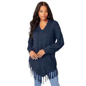 Plus Size Women's Fringed Cable-Knit Sweater. by Roaman's in Navy (Size 12)