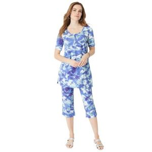 Plus Size Women's Printed Henley Capri Set by Roaman's in Blue Abstract Tie Dye (Size 22/24) Matching Jersey T-Shirt and Capri Pants