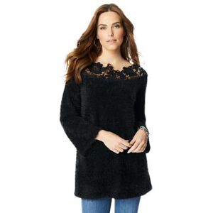 Plus Size Women's Lace-Neck Eyelash Sweater by Roaman's in Black (Size 12)