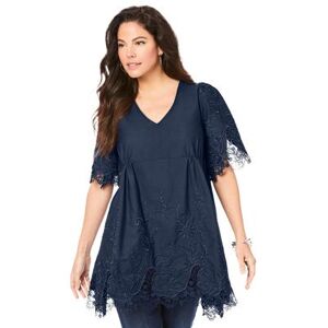 Plus Size Women's Lace-Trim Poplin Top. by Roaman's in Navy (Size 24 W)