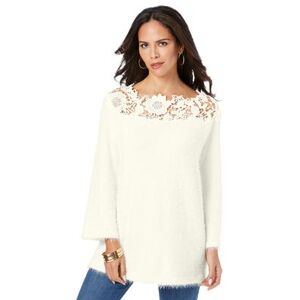 Plus Size Women's Lace-Neck Eyelash Sweater by Roaman's in Ivory (Size 12)