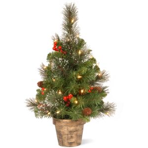 National Tree Company 2' Crestwood Spruce Tree w Silver Bristle, Cones, Berries and Glitter in a Plastic Bronze Pot w Clear Lights - Green