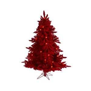 Nearly Natural Flocked Fraser Fir Artificial Christmas Tree with 250 Lights, 26 Globe Bulbs and 490 Bendable Branches - Red