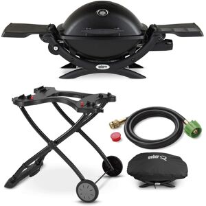 Weber Q1200 Liquid Propane Grill (Black) with Portable Cart, Adapter Hose Bundle - Black