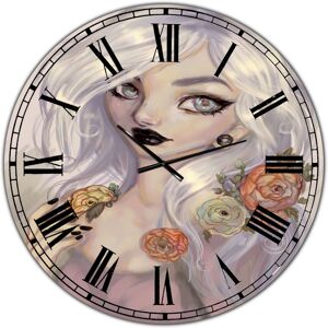 Designart Fantasy Girl with White Hair and Orange Flowers Oversized Cottage Wall Clock - 36 x 36 - Pink