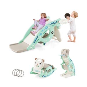 Slickblue 4-in-1 Kids Slide Rocking Horse with Basketball and Ring Toss - Green