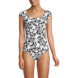 Lands' End Women's D-Cup Tummy Control Cap Sleeve X-Back One Piece Swimsuit - Black havana floral