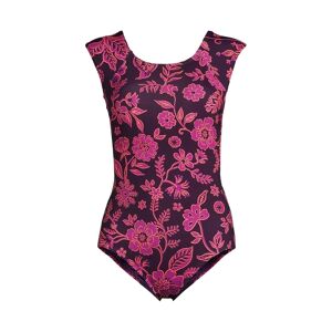 Lands' End Women's Plus Size Chlorine Resistant Tummy Control Cap Sleeve X-Back One Piece Swimsuit - Blackberry ornate floral