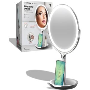 Sharper Image SpaStudio Vanity 8-inch Mirror with Built-In Qi Wireless Phone Charger, 5X and 10X Magnification - Silver-Tone