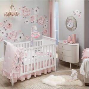 Lambs & Ivy Floral Garden Watercolor/Pink Linen 5-Piece Baby Crib Bedding Set - Pink