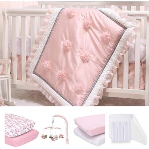 The Peanutshell Arianna 12 Piece Baby Nursery Crib Bedding, Quilt, Crib Sheets, Crib Skirt, Changing Pad Covers and Liners, and Crib Mobile - Pink/whi