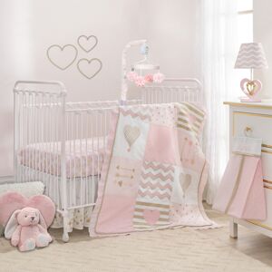 Lambs & Ivy Baby Love Metallic Gold/Pink/White Hearts, Stripes and Chevrons 4-Piece Nursery Crib Bedding Set - Pink