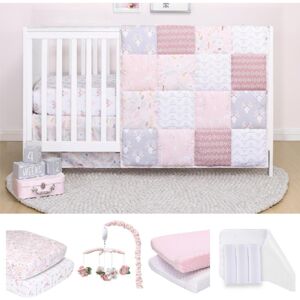 The Peanutshell Meadow 12 Piece Baby Nursery Crib Bedding Set, Quilt, Crib Sheets, Crib Skirt, Changing Pad Covers and Liners, and Mobile - Pink/white