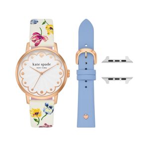 kate spade new york Women's Three Hand Quartz White Floral and Blue Leather Cross-Compatible Bands for Apple Watch, 38, 40, 41mm with Classic Watch He