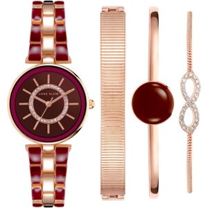 Anne Klein Women's Rose Gold-Tone Alloy Bracelet with Burgundy Enamel and Crystal Accents Fashion Watch 34mm Set 4 Pieces - Rose Gold-Tone, Burgundy