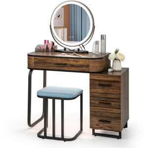 Slickblue Vanity Table Set with 3-Color Lighted Mirror and Charging Station-Brown - Brown