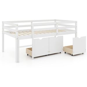 Gouun Twin Size Low Loft Bed with 3 Drawers with Ladder and Full-length Guardrails - White