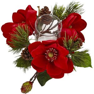 Nearly Natural Red Magnolia and Pine Candelabrum - Red