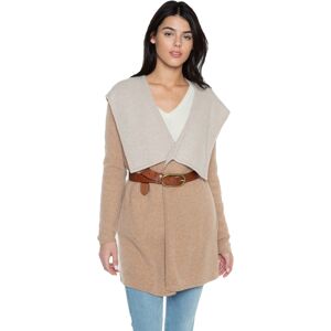 Jennie Liu Women's 100% Pure Cashmere Long Sleeve 2-tone Double Face Cascade Open Cardigan Sweater - Camel oatmeal