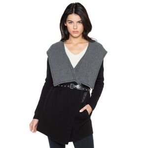 Jennie Liu Women's 100% Pure Cashmere Long Sleeve 2-tone Double Face Cascade Open Cardigan Sweater - Black charcoal