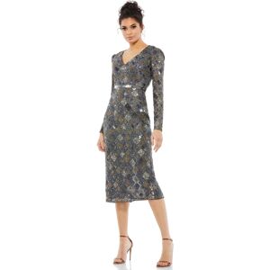 Mac Duggal Women's Long Sleeve Geometric Sequin Midi Dress - Charcoal