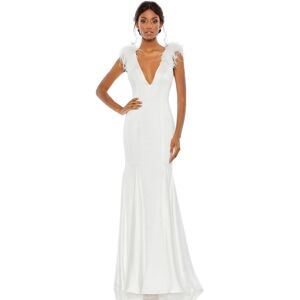 Mac Duggal Women's Feather Shoulder V Neck Column Gown - White