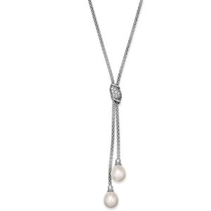 Macy's Cultured Freshwater Pearl (7-1/2 mm) and Cubic Zirconia (1/4 ct. tw.) Lariat Necklace in Sterling Silver