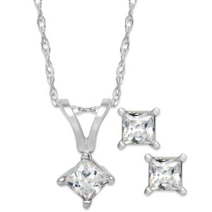 Macy's Princess-Cut Diamond Pendant Necklace and Earrings Set in 10k White or Yellow Gold (1/4 ct. t.w.) - White Gold