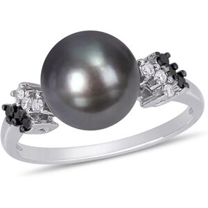 Macy's Tahitian Cultured Pearl (9-9.5mm) and Black White Diamond (1/8 ct. t.w.) Ring in 10k White Gold - White