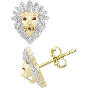 Macy's Men's Diamond (1/2 ct. t.w.) & Ruby Accent Lion Head Stud Earrings in 10k Gold - Gold