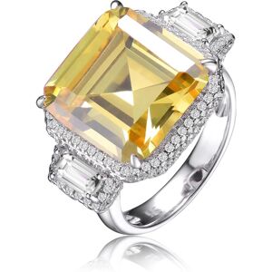 Genevive Sterling Silver with Rhodium Plated Yellow Asscher with Clear Emerald Cubic Zirconia Halo Three-Stone Ring - Yellow