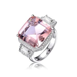 Genevive Sterling Silver with Rhodium Plated Morganite Asscher with Clear Emerald Cubic Zirconia Halo Three-Stone Ring - Pink