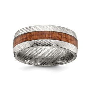Chisel Damascus Steel Polished with Sapele Wood Inlay 8mm Band Ring - Silver