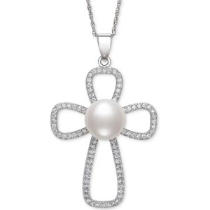 Belle de Mer Cultured Freshwater Button Pearl (10mm) & Cubic Zirconia Cross 18