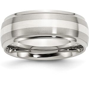 Chisel Stainless Steel Silver Inlay Brushed 8mm Ridged Band Ring - Silver