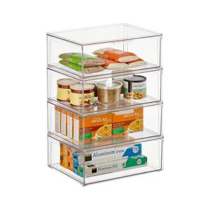 mDesign Stackable Kitchen Storage Bin Box with Pull-Out Drawer, XLarge - 4 Pack - Clear